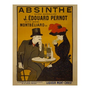 Puede incluir: Cartel publicitario vintage de Absenta, con un hombre y una mujer en una mesa. El texto negro sobre fondo amarillo anuncia "J. Édouard Pernot" y "Liqueur Mont-Christ". La mujer lleva un sombrero rojo y un vestido negro.