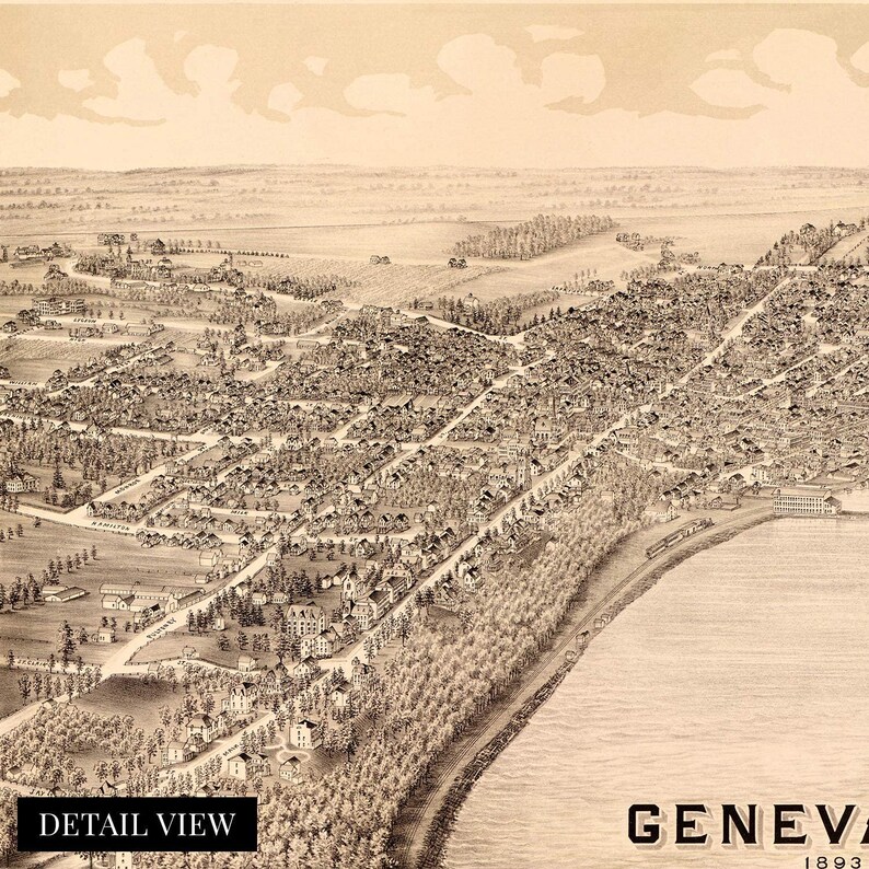 1893 Geneva New York Poster Map Vintage Map of Geneva Wall Art Old