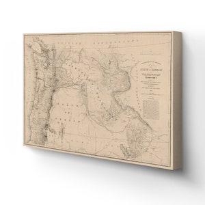 May include: A vintage map of the Oregon and Washington Territory, showing the boundaries of the United States, British Possessions, and the state of Oregon. The map is printed on a beige background with black lines and text.