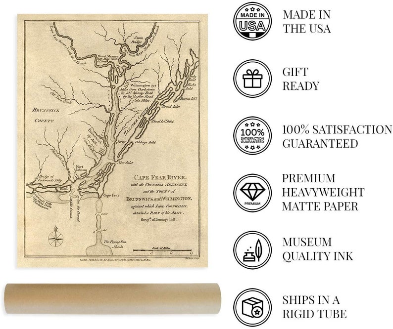 1781 Cape Fear River Region Map - Vintage Map of Wilmington and ...