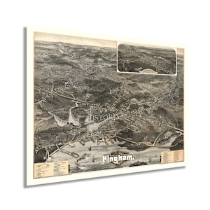 May include: An antique black and white bird's-eye view map of Hingham, Massachusetts. The map shows the town's streets, buildings, and waterways. The map is dated 1884.