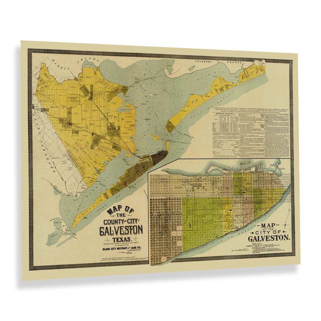 1891 Galveston Texas Map Poster - Vintage City &amp; County Map of Galveston Texas - Historical Map ...