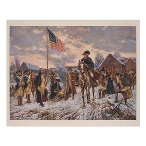 May include: A painting depicting a historical scene of George Washington on horseback addressing his troops in a snowy encampment. The American flag flies in the background, and soldiers are gathered around a campfire.