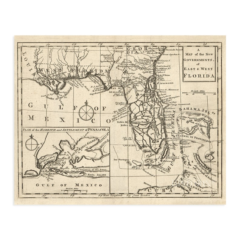 1763 East &amp; West Florida Map Vintage Map Wall Art A Map of - Etsy