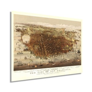 May include: An antique map of San Francisco, California, showing the city's layout and surrounding bay in detail. The map is printed in brown, yellow, and green tones, with a title that reads "The City of San Francisco, 3,500 ft. View taken from above the City, June 1st, 1872."