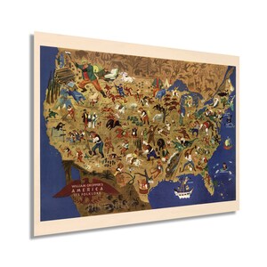 May include: A vintage map of the United States depicting various folklore and cultural elements from each state. The map is illustrated with colorful figures and animals, including cowboys, Native Americans, lumberjacks, and wildlife. The text "William Gropper's America Its Folklore" is displayed at the bottom of the map.
