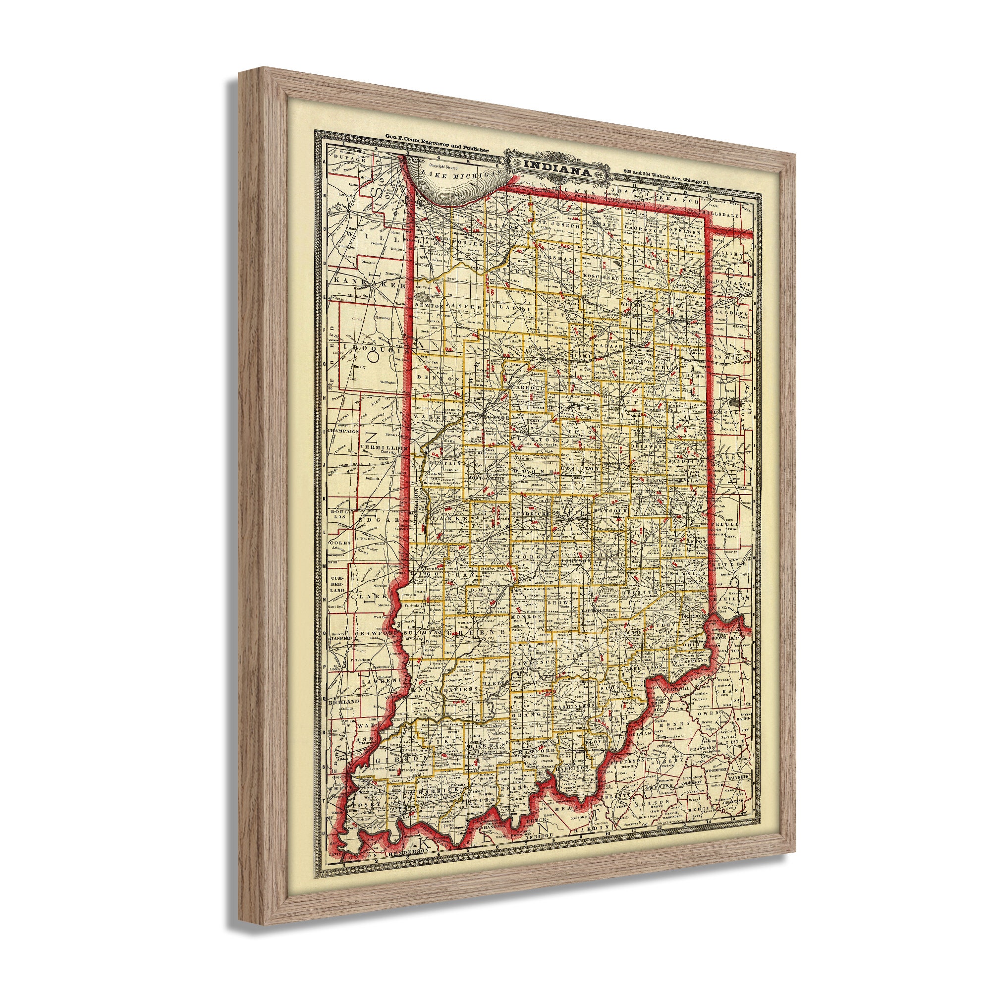 1888 Indiana Map - Framed Vintage Map of Indiana - Restored Indiana ...