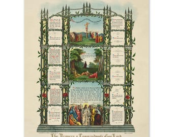 1890 The Prayers & Commandments of Our Lord Poster Print - Poster of The Lord's Prayer and The Ten Commandments Wall Art
