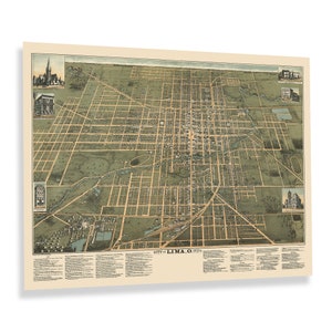 May include: Vintage map print of the City of Lima, Ohio, featuring a detailed street grid, buildings, and green spaces. The map is printed on a cream-colored paper with a slight angle, showcasing the city's layout with historical architectural illustrations.