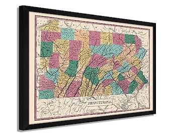 1829 Pennsylvania State Map - Framed Vintage Pennsylvania Map -  Historic PA Map - Restored Pennsylvania Map Wall Art Poster Print