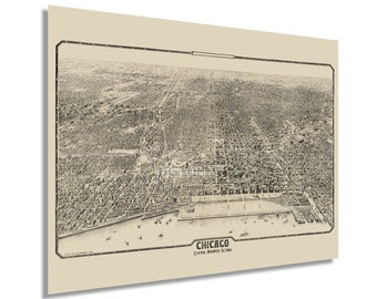 May include: A vintage black and white aerial view map of Chicago's central business district. The map shows the city's streets, buildings, and parks. The text "CHICAGO CENTRAL BUSINESS SECTION" is printed at the bottom of the map.