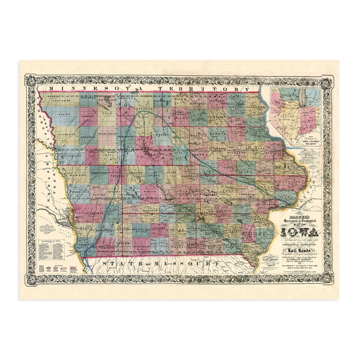 1856 Iowa State Map Poster Vintage Map Of Iowa Wall Art Etsy 日本