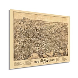 1879 New Haven Connecticut Map - Vintage New Haven Map -  Bird&#39;s Eye View History Map of New Haven Connecticut Wall Art Poster Print