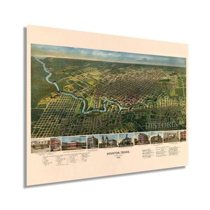 May include: A vintage map of Houston, Texas, from 1894, featuring an aerial view of the city with a river winding through it. The map includes detailed illustrations of buildings and a key. The word "HISTORIX" is visible.