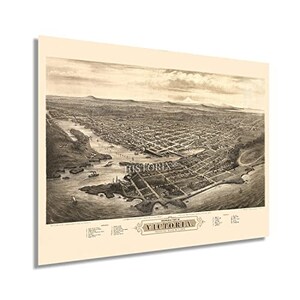 May include: An antique map of Victoria, British Columbia, printed in black and white. The map shows the city's streets, buildings, and waterways. The title "Bird's Eye View of Victoria" is printed at the bottom of the map.