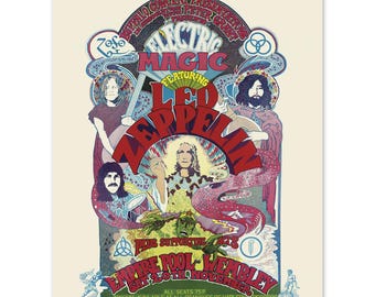 Pode incluir: Um cartaz de concerto vintage para Led Zeppelin, com um design psicadélico com o nome da banda em letras grandes e em negrito. O cartaz anuncia um concerto no Empire Pool Wembley no sábado, 20 de novembro. O cartaz também apresenta o texto "Electric Magic" e "Plus Supporting Acts".