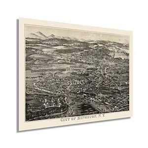 May include: A vintage black and white aerial view map of the City of Kingston, New York. The map shows the city's streets, buildings, and surrounding landscape.