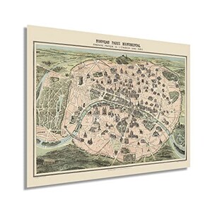 1878 Vintage Paris Map Art - Nouveau Paris Monumental Map - Old Wall Map of Paris - History Map of Paris France Wall Art Poster