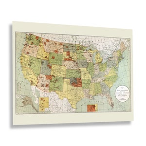 May include: A vintage map of the United States showing state boundaries and railroads. The map is printed in shades of green, yellow, orange, and red. The title of the map is "Railroad Connections of the United States" and the date is 1887.