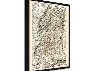 1888 Mississippi Map - Framed Vintage Mississippi State Map -  Railroad Commissioner's State Map of Mississippi Wall Art Poster Print