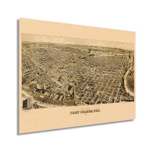 May include: An antique map of Fort Worth, Texas, from 1889. The map shows the city's layout with streets, buildings, and parks. The map is in a sepia tone and has a vintage aesthetic.