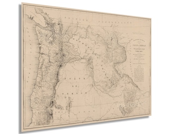 May include: A vintage map of the Oregon Territory, showing the state of Oregon, Washington Territory, and British Possessions. The map is printed in black and white on a cream-colored background.