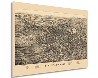 1899 Pittsfield Massachusetts Map - Old Map of Pittsfield MA Wall Art - Bird's Eye View Map of Pittsfield City MA Wall Art Poster Print