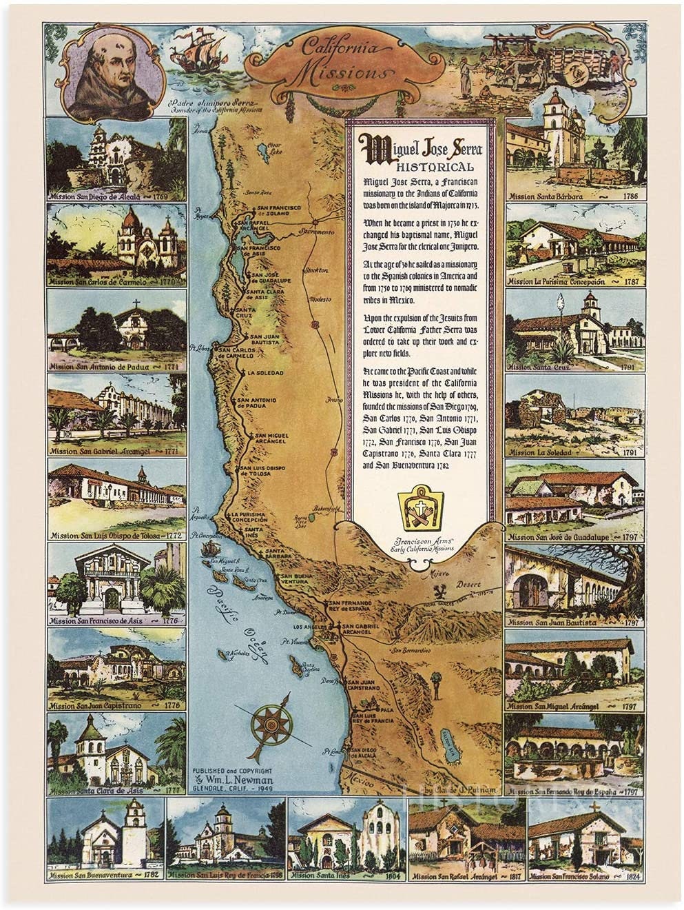 1949 California Missions Trail Map - California Missions Map Illustrating  21 Spanish Mission Buildings - Junipero Serra Poster Wall Art - Etsy