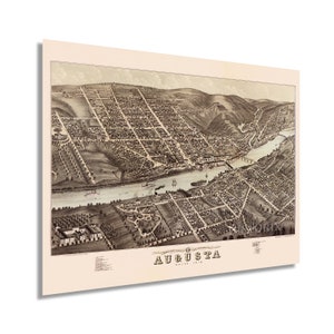 1878 Augusta Maine Map Poster - Vintage Augusta Poster Wall Art - Old Augusta Maine Map - Historic Bird&#39;s Eye View Map of Augusta ME