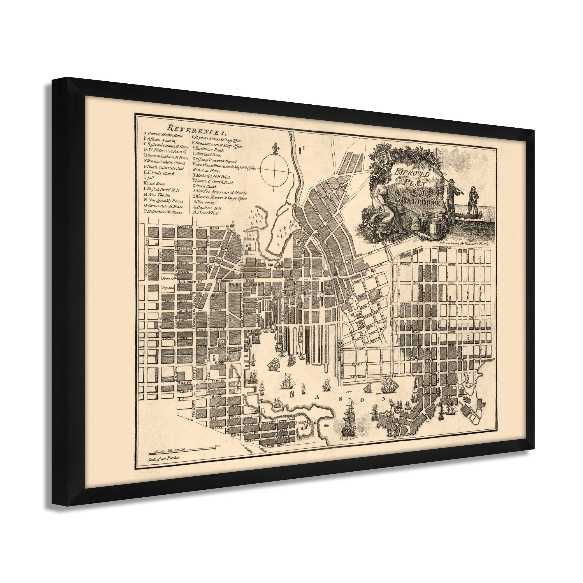 Bird's Eye View 1862 Baltimore Maryland Vintage Style City Map 20x30 
