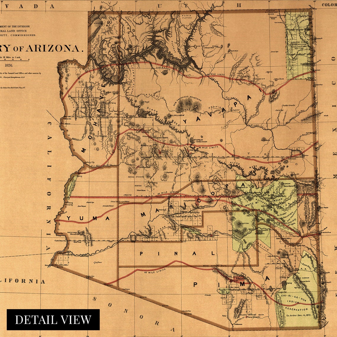1876 Arizona Territory Map Vintage Arizona Map