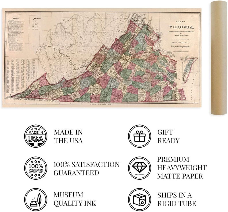 1871 State Map of Virginia Vintage Map Wall Art Vintage Virginia Map
