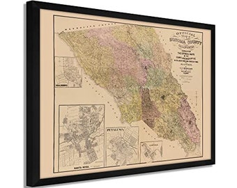 1900 Sonoma County Map - Framed Vintage Sonoma California Wall Map - History Map of Sonoma County CA Wall Art Poster Print