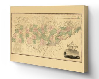 May include: An antique map of the State of Tennessee from 1818. The map is divided into counties and shows rivers, roads, and other geographical features. The map is printed in black and white with some areas colored in pink and green.