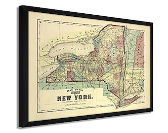 May include: A vintage map of the state of New York, printed in black, brown, green, red, and blue. The map shows the counties of New York, with the title "Plan of the State of New York" printed at the bottom.