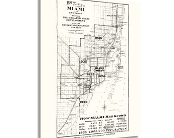 1925 Miami Map Poster - Vintage Map of Miami Florida - Map of The City of Miami and Environs Showing Greater Miami FL Development Expansion