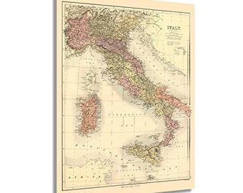 May include: An antique map of Italy, printed in black and white with hand-colored details in pink, yellow, and green. The map shows the Italian peninsula and surrounding islands, with the title "ITALY" printed in the upper right corner.