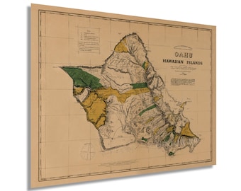 Könnte beinhalten: Eine antike Karte von Oahu, Hawaii, mit einem Gitternetz und farbcodierten Regionen. Die Karte trägt den Titel "DAHU HAWAIIAN ISLANDS" und enthält eine Legende mit Beschreibungen der verschiedenen Regionen.