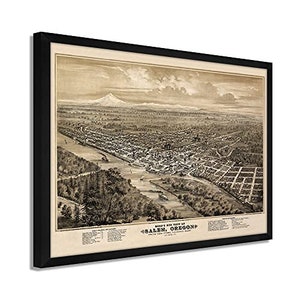 1876 Salem Oregon Map - Framed Vintage Oregon Map- Bird's Eye View of Salem Oregon From The West Looking East Wall Art Poster