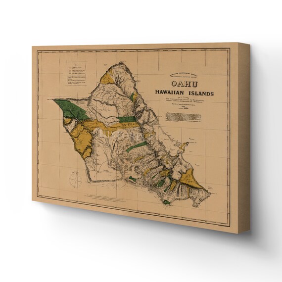 1881 Oahu Hawaii Map Art - Canvas Wrap Vintage Map of Oahu