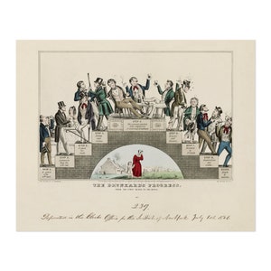 May include: A vintage illustration depicting the stages of alcoholism, titled "The Drunkard's Progress: From the First Glass to the Grave." The image shows a man progressing from a social drinker to a destitute drunkard, with each step marked by a caption describing the consequences of his actions. The image is a powerful warning against the dangers of alcohol abuse.