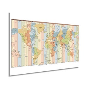 May include: A colorful world map showing the standard time zones of the world as of February 2007. The map is divided into vertical time zones, with each zone labeled with the corresponding time difference from Greenwich Mean Time (GMT).