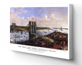 1885 New York Brooklyn Map  - Canvas Wrap Vintage New York City -  Great East River Suspension Bridge New York & Brooklyn  Wall Art Poster