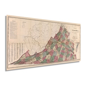 May include: A vintage map of Virginia, showing the state's counties in different colors. The map is titled "Map of Virginia" and includes a key and a legend. The map is printed on a cream-colored paper.