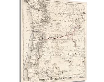 May include: An antique map of Oregon and Washington Territory, printed in black and white with red and blue lines. The map shows the major rivers, towns, and roads of the region. The title "Oregon & Washington Territory" is printed at the bottom of the map.