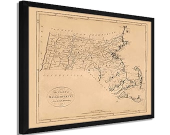 1796 Massachusetts State Map Print - Framed Vintage Map of Massachusetts -  Restored Map of Massachusetts State Wall Art Poster