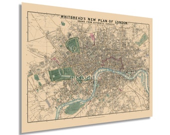 以下が含まれることがあります： 「Whitbread's New Plan of London, Drawn from Authentic Surveys」というタイトルのロンドンのアンティークマップ。クリーム色の紙に印刷されており、テムズ川、公園、通りなど、都市の詳細なレイアウトが描かれています。