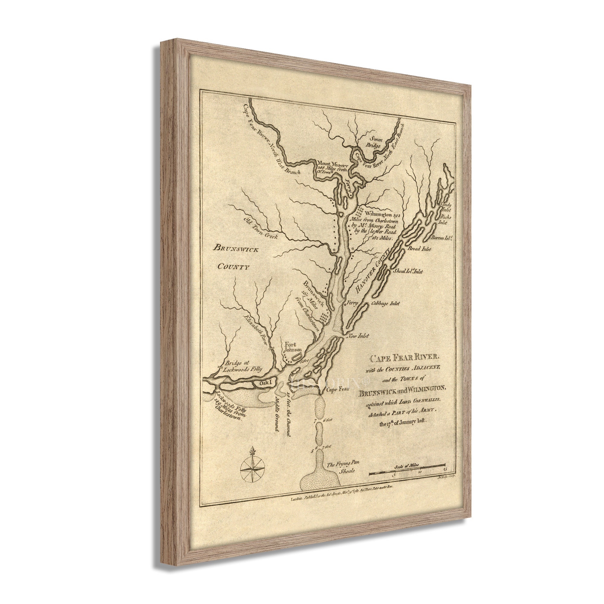 1781 Cape Fear River Map - Framed Vintage Map of North Carolina ...