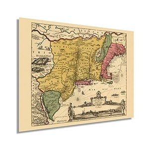 May include: An antique map of the Americas, printed in black, brown, yellow, green, and red ink on cream paper. The map shows the eastern coast of North America, the Caribbean, and the northern coast of South America. The map is titled "America Septentrionalis" and includes the text "Nova Belgica Nieuw Nederland" and "Mar del Norte".