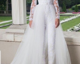 white pantsuit with train